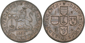 LIÈGE, Principauté, Siège vacant, escalin/liard apocryphe, 1852, C. Jéhotte (Bruxelles). Hybride revers/revers en cuivre. D/ Lion deb. à g., soutenant...
