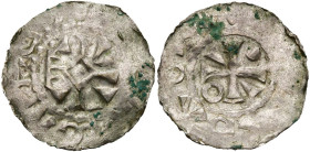 VLAANDEREN, Graafschap, Boudewijn IV (989-1036), AR denarius, ca. 1000. Vz/ Vervormd karolingisch monogram. Kz/ Kruis met in de hoeken twee strepen ee...