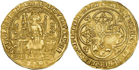 VLAANDEREN, Graafschap, Lodewijk van Male (1346-1384), AV half gouden schild met de adelaar, 1352-1353, Brugge. Vz/ De gezeten graaf, gekroond met roz...