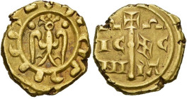 ITALIE, SICILE, Frédéric II de Hohenstaufen (1197-1250), AV tari, Brindisi (?). D/ Aigle éployée à g. Un globule de part et d'autre de la t. R/ Croix ...