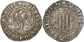 ITALIE, SICILE, Frédéric IV le Simple (1355-1377), AR pierreale, Messine. D/ Aigle éployée et couronnée, t. à d., dans un polylobe cantonné de globule...