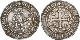 ITALIE, NAPLES, Robert d'Anjou (1309-1343), AR gigliato, début du règne. D/ Le roi trônant de f. sur deux lions, ten. un sceptre fleurdelisé et un gl....