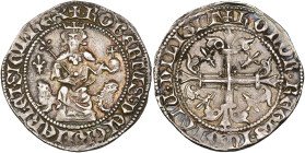 ITALIE, NAPLES, Robert d'Anjou (1309-1343), AR gigliato, à partir de 1321. D/ Le roi trônant de f. sur deux lions, ten. un sceptre fleurdelisé et un g...