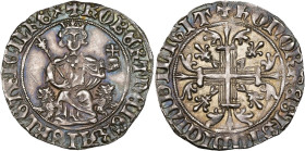 ITALIE, NAPLES, Robert d'Anjou (1309-1343), AR gigliato, fin du règne. D/ Le roi trônant de f. sur deux lions, ten. un sceptre fleurdelisé et un gl. c...