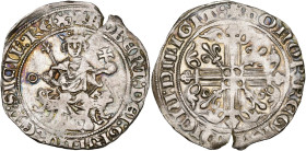 ITALIE, NAPLES, Robert d'Anjou (1309-1343), AR gigliato, fin du règne. D/ Le roi trônant de f. sur deux lions, ten. un sceptre fleurdelisé et un gl. c...
