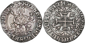 ITALIE, NAPLES, Robert d'Anjou (1309-1343), AR gigliato, frappe posthume. D/ Le roi trônant de f. sur deux lions, ten. un sceptre fleurdelisé et un gl...