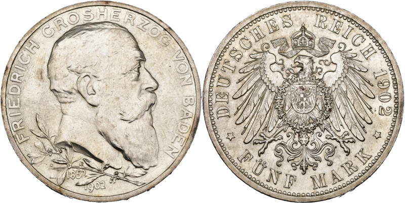ALLEMAGNE, BADE, Friedrich Ier (1856-1907), AR 5 Mark, 1902. 50e anniversaire du...