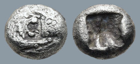 KINGS of LYDIA. Kroisos (Circa 564/53-550/39 BC).
AR 1/12 Stater (7,8mm 0,76g)
Obv: Confronted foreparts of bull right and lion left.
Rev: Incuse p...