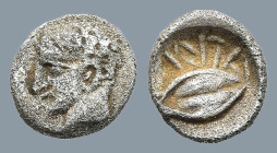 LYDIA. Uncertain mint. (circa 425-400 BC)
AR Hemiobol (6,8mm 0,4g)
Obv: Youthful male head to left.
Rev: Barley grain; letters(?) to right; all wit...