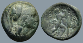 KINGS of MACEDON. Antigonos II Gonatas (277-239 BC). Uncertain mint
AE Bronze (20,7mm 5,7g)
Obv: Helmeted head of Athena right
Rev: Pan erecting troph...