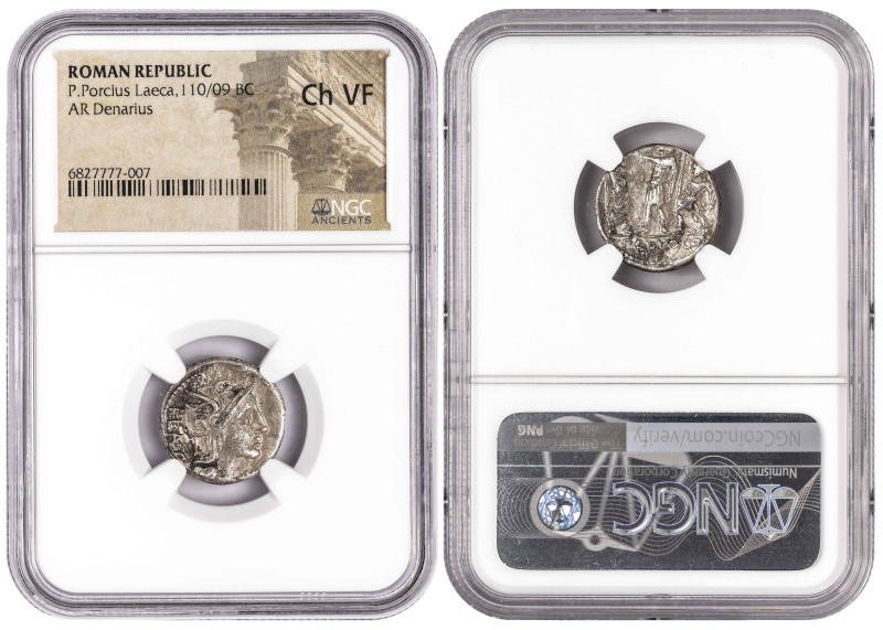 Roman Republic Denarius 110/9 BC. NGC Choice VF

P. Laeca. AR Denarius, 110 /1...