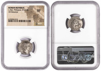 Scarce later Republican Denarius. L. Mar. Philippus, issued during rule of Julius Caesar as Pontifex maximus and Proconsul of Rome. L. Marcus Philippu...