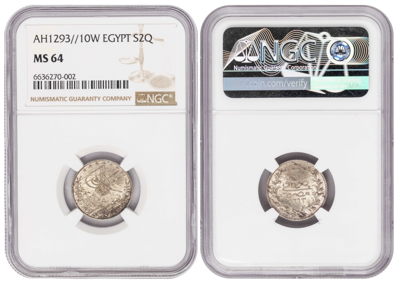 Egypt 2 Qirsh 1884 AH 1293//10W NGC MS 64

KM-293, Egypt S2Q; Sultan Abdul Ham...