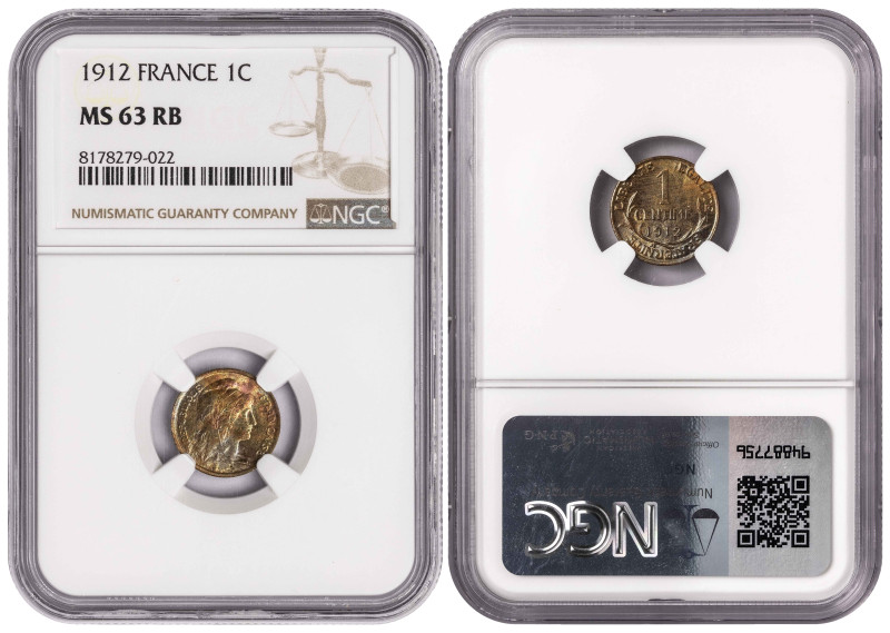 France 1 Centime 1912. NGC MS 63 RB. Almost TOP POP. Total Graded by NGC In MS 6...