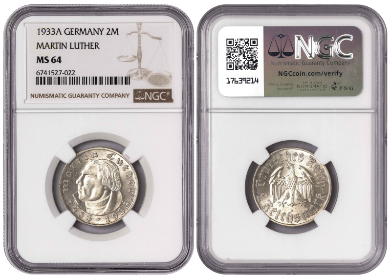 Germany 2 Reichsmark 1933 A. NGC MS 64

KM-79; Silver (.625), 8 g., 25 mm; Mar...