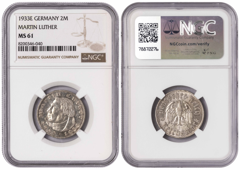 Germany 2 Reichsmark 1933 E. NGC MS 61

KM-79; Silver (.625), 8 g., 25 mm; Mar...