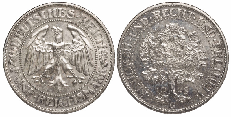 Germany Weimar Republic 5 Mark 1928-G

KM-56. High grade.
