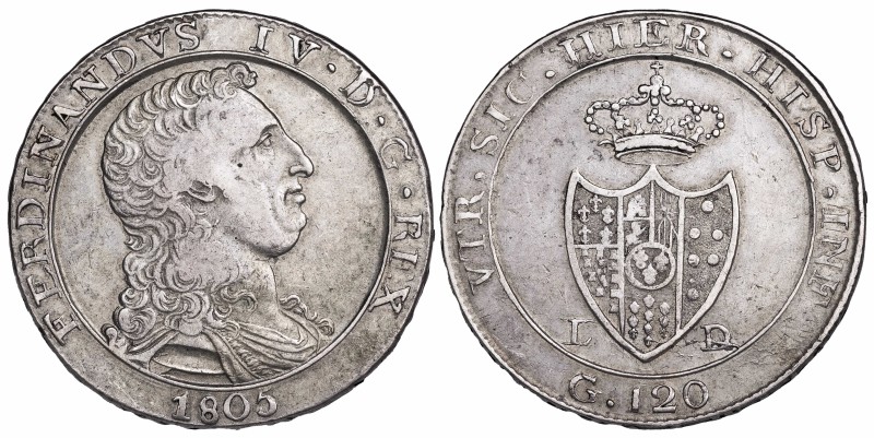 Italy Naples 120 Grani 1805

KM-246. Scarce 1 year type silver Crown, nice det...