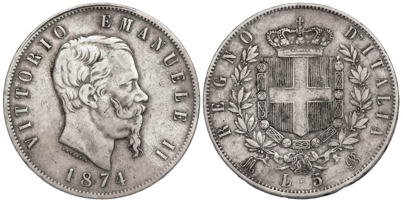 Italy 5 Lire 1874 M BN

KM-8.3; King Vittorio Emanuele II (1861-1878); Silver ...
