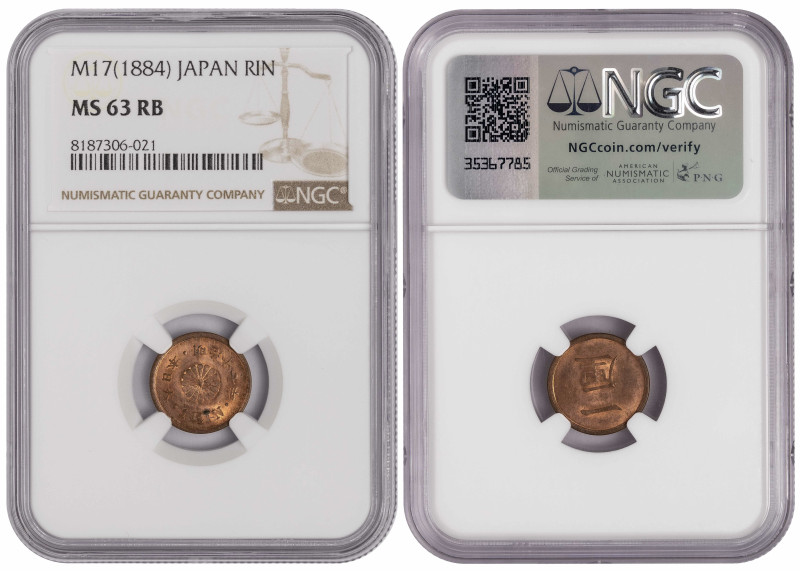 Japan 1 Rin M17 (1884). NGC MS 63 RB

Y-15; Emperor Meiji (1867-1912); Bronze