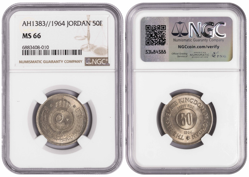 Jordan 50 Fils AH1383 (1964). NGC MS 66. Almost TOP POP

KM-11; King Hussein b...