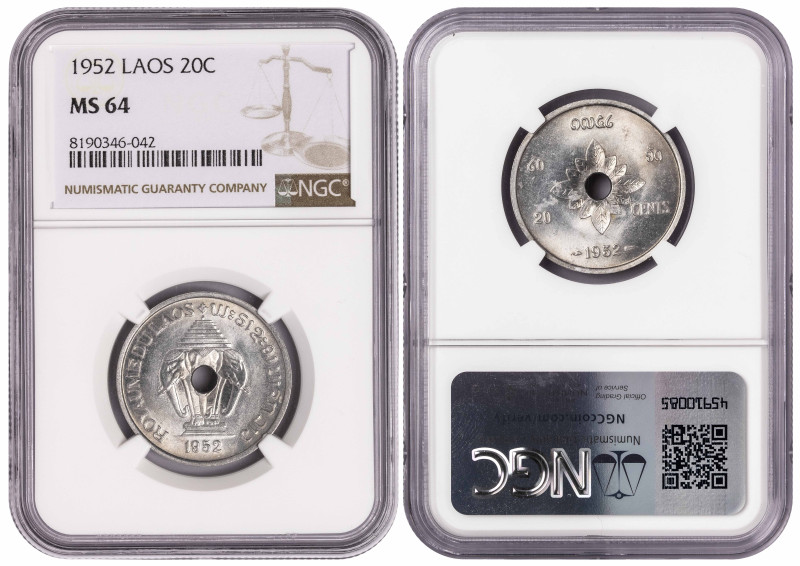 Laos 20 Cents 1952. NGC MS 64

KM-5; King Sisavang Vong (1946-1959)