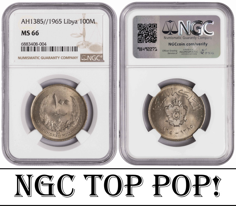 Libya 100 Milliemes AH1385 (1965). NGC MS 66. TOP POP.

KM-11; King Idris I (1...