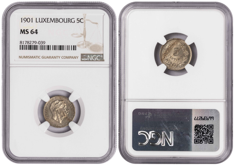 Luxembourg 5 Centimes 1901. NGC MS 64

KM-24; Grand duke Adolphus (1890-1905)
