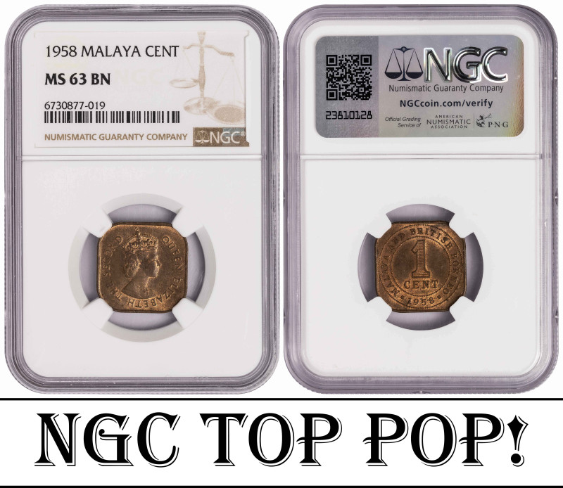 Malaya and British Borneo 1 Cent 1958. NGC MS 63 BN. TOP POP. Total Graded by NG...