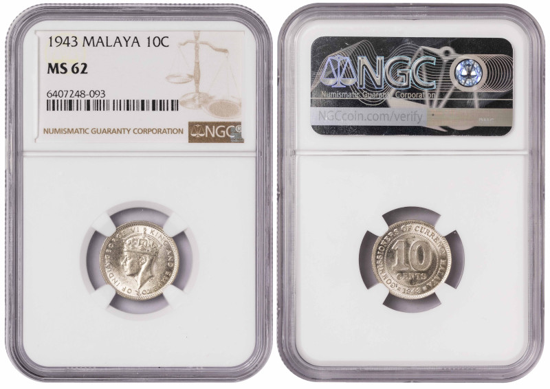 Malaya 10 Cents 1943. NGC MS 62

KM-4a; King George VI (1936-1952); Silver (.5...