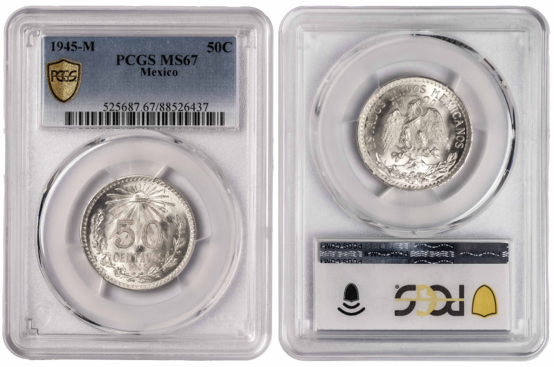 Mexico 50 Centavos 1945 M. PCGS MS 67. Almost TOP POP. In Higher Grades: 1

KM...