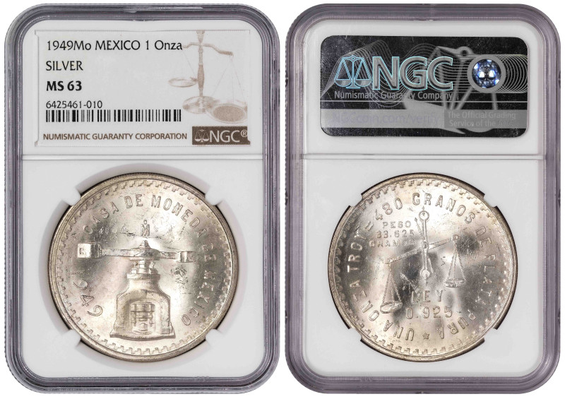 Mexico 1 Onza 1949 Mo. NGC MS 63

KM-M49a; Silver (.925), 33.6250 g., 41.5 mm.