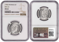 Monaco 2 Francs 1943. NGC MS 62. Almost TOP POP. Total Graded by NGC In MS 62: 1
