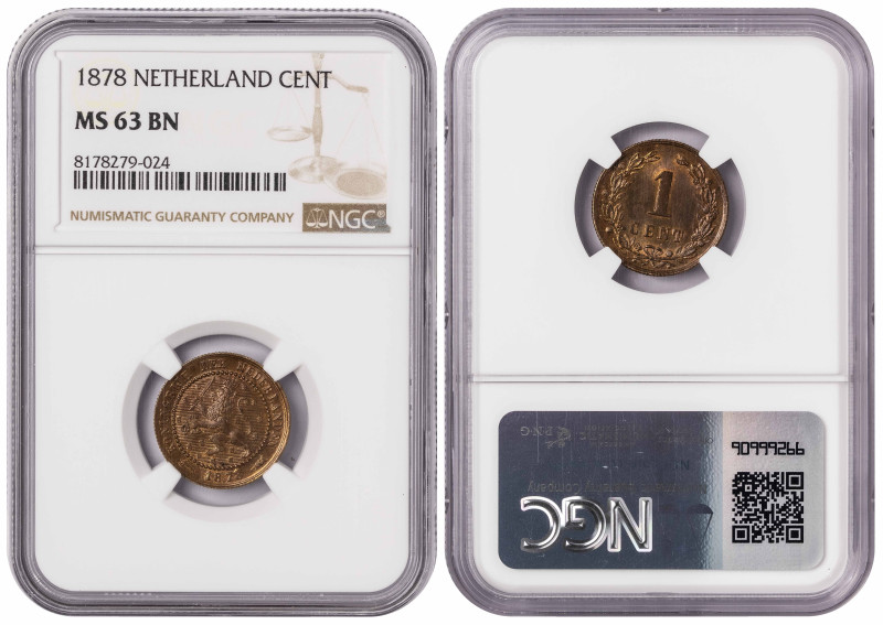 Netherlands 1 Cent 1878. NGC MS 63 BN

KM-107; King William III (1849-1890)