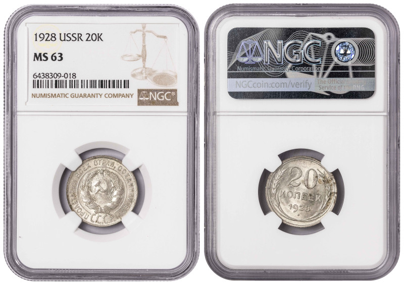 Russia 20 Kopecks 1928. NGC MS 63

Y-88; Silver (.500), 3.6 g., 21.8 mm.