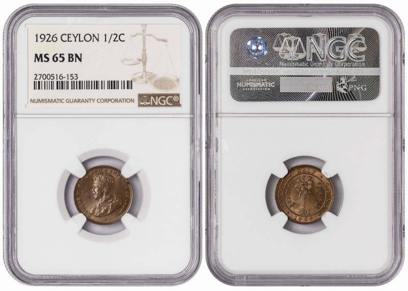 Ceylon ½ Cent 1926. NGC MS 65 BN. Almost TOP POP. Total Graded by NGC In MS 65 B...