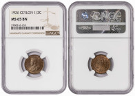 Ceylon ½ Cent 1926. NGC MS 65 BN. Almost TOP POP. Total Graded by NGC In MS 65 BN: 3, In Higher Grades: 1