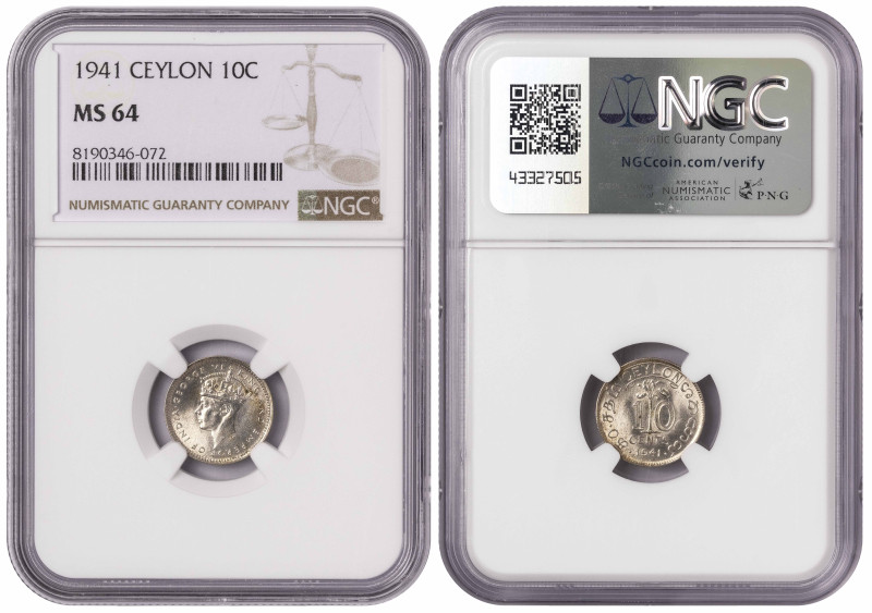 Sri Lanka 10 Cents 1941. NGC MS 64

KM-112; King George VI (1936-1952); Silver...