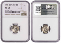 Sri Lanka 10 Cents 1941. NGC MS 64