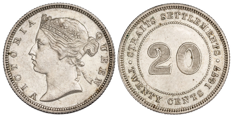 Straits Settlements 20 Cents 1877

KM-12. Rare piece in high grade, lustrous. ...