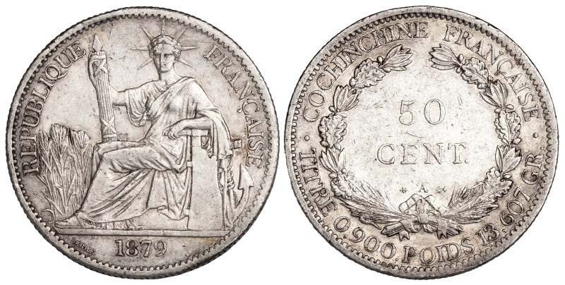 French Cochin-China 50 Centimes 1879

KM-6. Rare piece in high grade, cleaned.