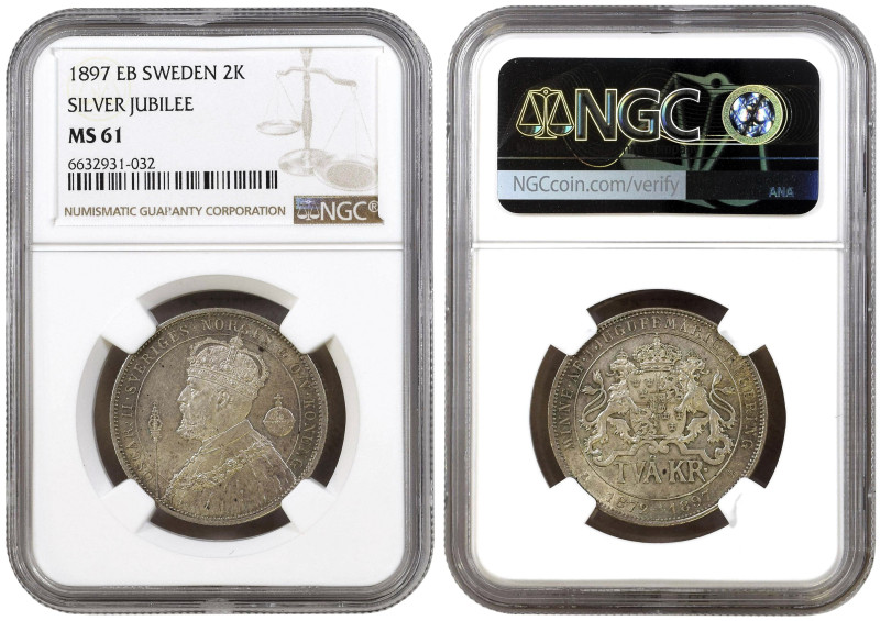 Sweden 2 Kronor 1897 EB NGC MS 61

KM-762, N# 27632, Silver Jubilee, King: Osc...