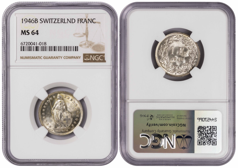 Switzerland 1 Franc 1946 B. NGC MS 64

KM-24; Silver (.835), 5 g., 23.3 mm.