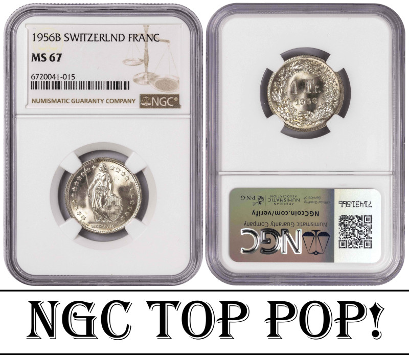 Switzerland 1 Franc 1956 B. NGC MS 67. TOP POP.

KM-24; Silver (.835), 5 g., 2...