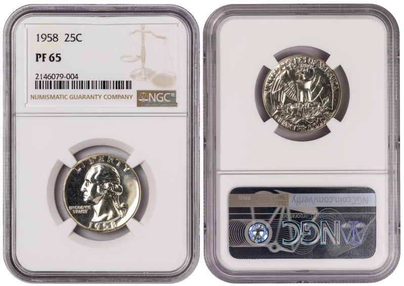 USA ¼ Dollar 1958. NGC PF 65

KM-164; Silver (.900), 6.25 g., 24.26 mm; Washin...