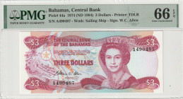 Bahamas 3 Dollars 1974 (ND 1984). PMG Gem UNC 66 EPQ