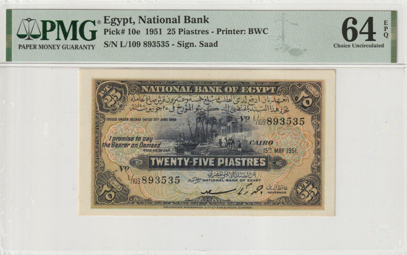 Egypt 25 Piastres 1951. PMG Choice UNC 64 EPQ 

P-10e; S/N L/109 893535; 15.5....