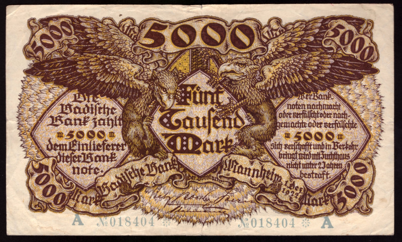 Germany Baden 5000 Mark 1922

BAD-8b ( Grabowski ); VF
