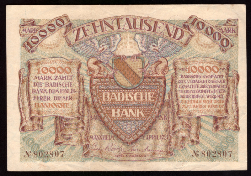 Germany Baden 10.000 Mark 1923

BAD-9a ( Grabowski ); VF