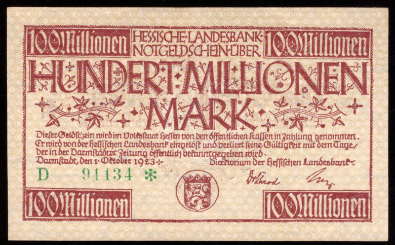 Germany Hessen 100 Millionen Mark 1923

HES-6 ( Grabowski ); UNC